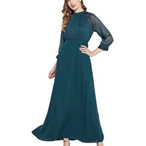 Madame Solid Mandarin Satin Maxi Dress Teal Beaded Shimmer M